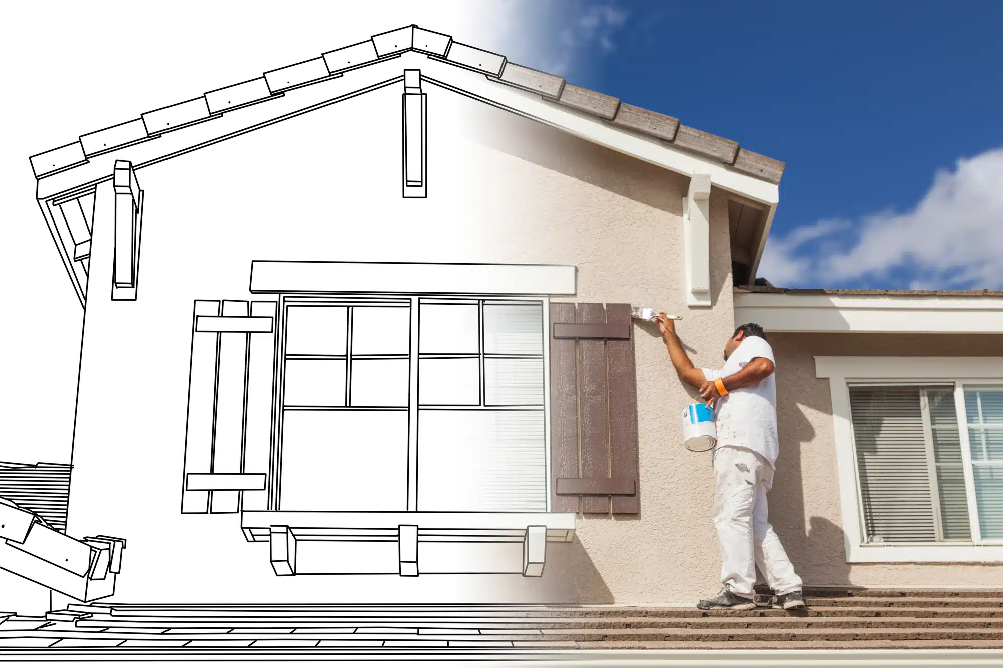 Split Screen of Drawing and Photo of Busy House Painter Painting Home. | Top Rated Painting®